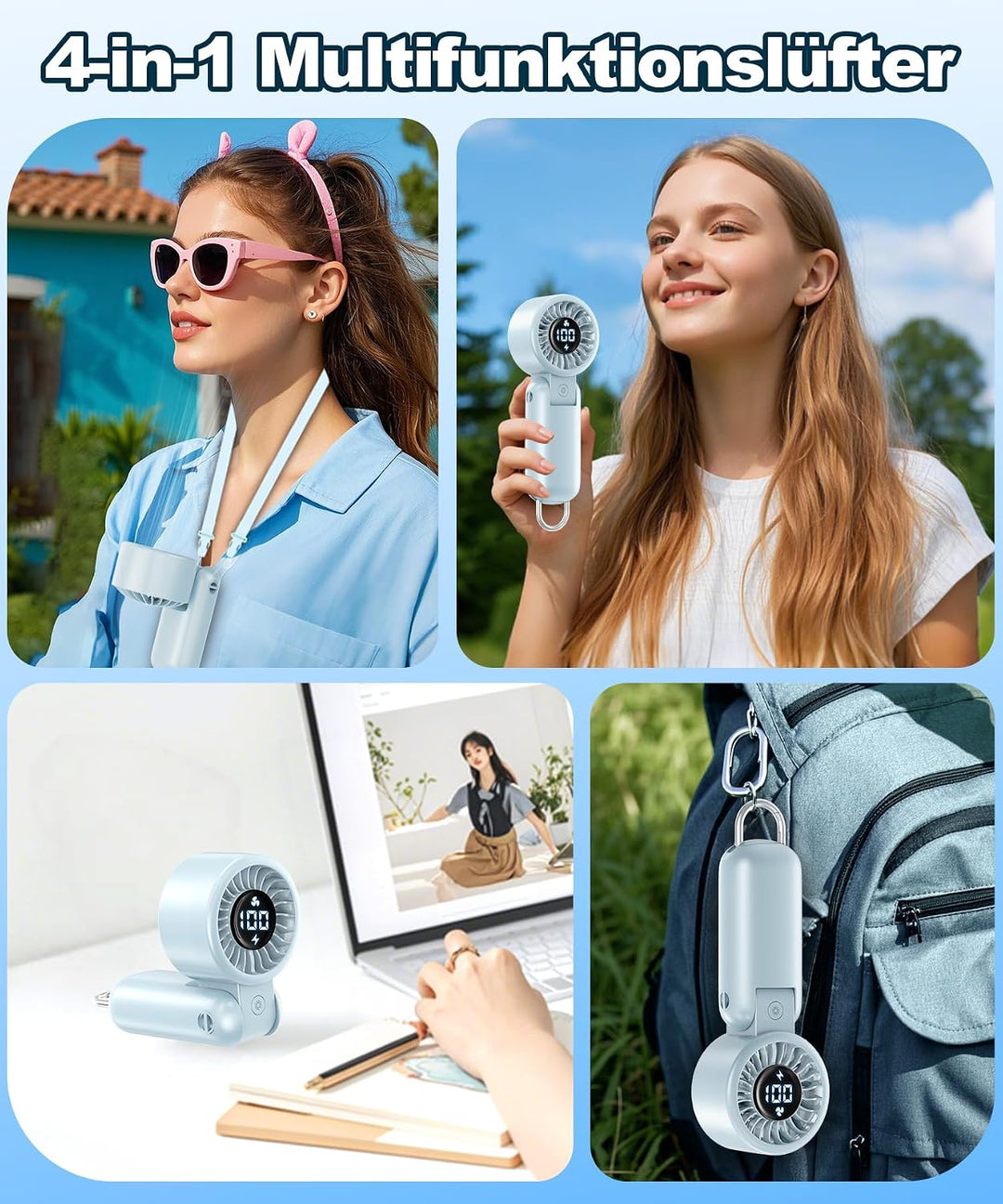 Handventilator mit LED-Anzeige, Mini Ventilator Tragbar Akku Wiederaufladbar, Faltbar USB Tischventi