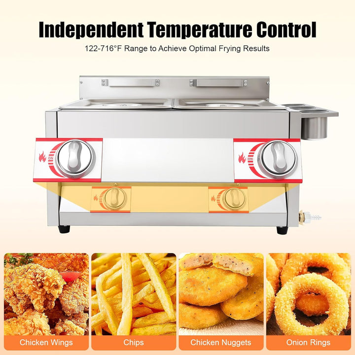 Professionelle Doppelfriteuse Gas 2x6L für Gastro | Friteuse mit Fett und Öl, Deep Fryer für Pommes