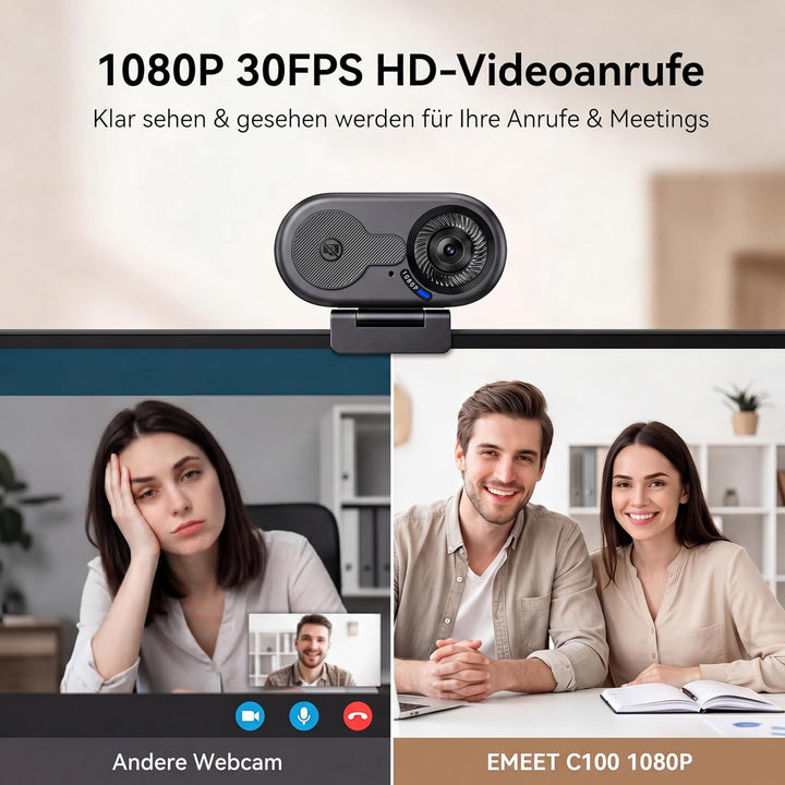 EMEET C100 Webcam 1080P, Fixfokus, 66° Sichtfeld, integriertes Mikrofon, Sichtschutzabdeckung, tragb