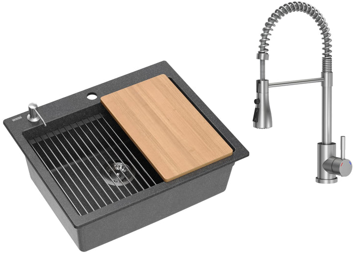 VBChome Set Spülbecken mit Armatur 60 x 50 cm Schwarz Spülmittelspender Siphon Matte Planke Granit S