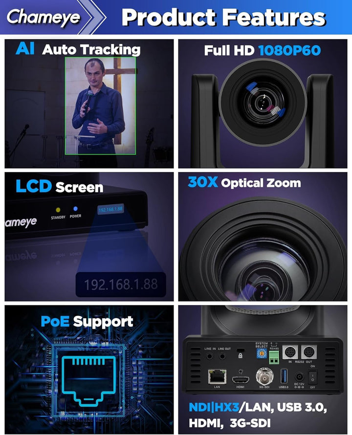Chameye NDI PTZ Camera 30x Optical Zoom AI Auto Tracking PTZ Camera with LCD Display, NDI 3G-SDI IP