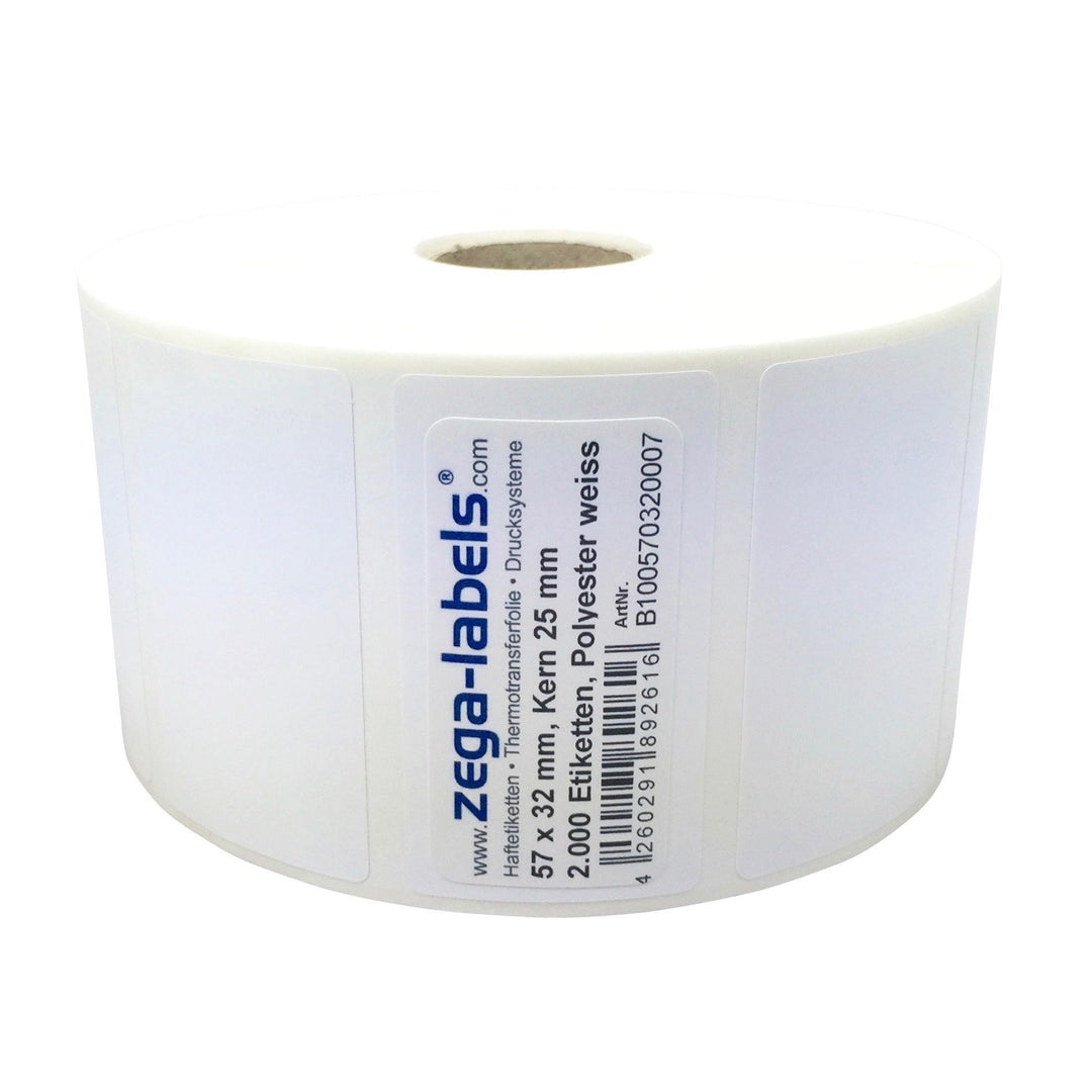 Polyester Thermotransfer Etiketten auf Rolle - 57 x 32 mm - aus PET Polyesterfolie weiss für Typensc