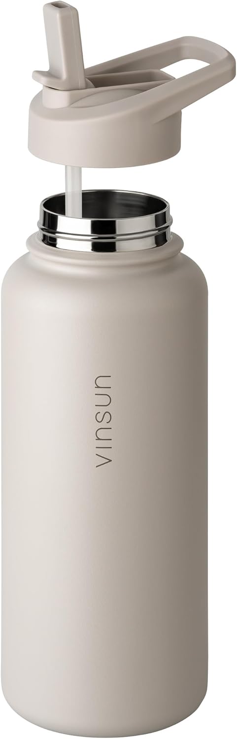 Vinsun Trinkflasche Edelstahl beige 1L - auslaufsicher, Kohlensäure geeignet, BPA frei - Strohhalm,