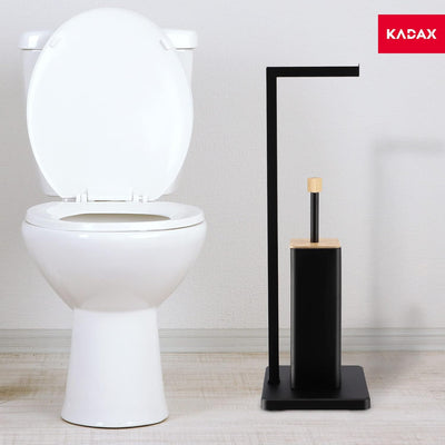 KADAX Badezimmerset aus pulverbeschichtetem Stahl und Bambus, 2in1, Klopapierständer und WC-Bürste,