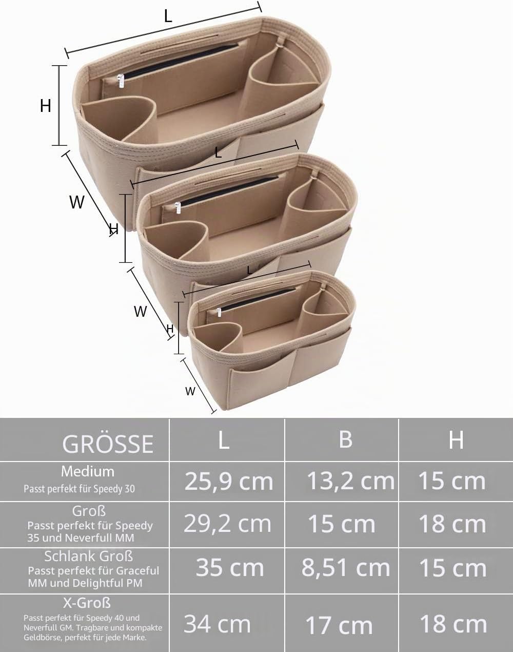 Handtascheneinsatz/Organizer aus Filz, Reissverschluss-Taschenbeutel, Tasche-in-der-Tasche, Flaschen