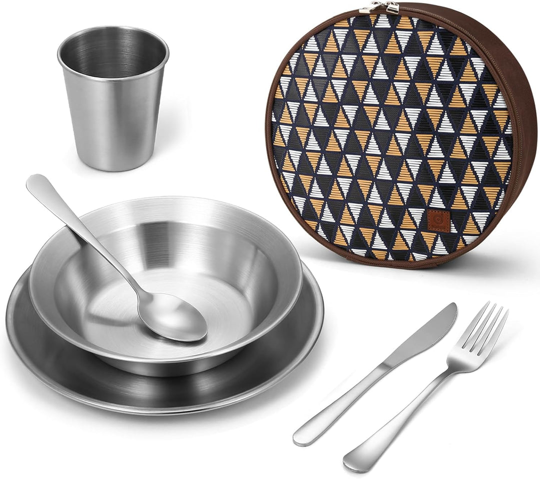 Odoland Campingbesteck Set Geschirrset 7 PCS aus Edelstahl Tafelservice mit Etui Messer Gabel Löffel