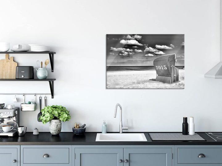 Pixxprint Glasbild | Wandbild aus Echtglas | Strandkorb an der Nordsee | 100x70 cm | inkl. Aufhängun