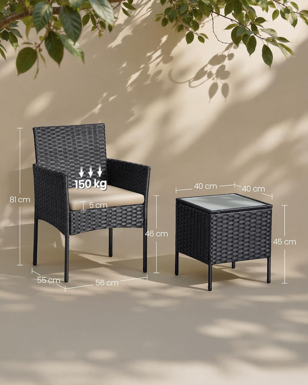 SONGMICS Balkonmöbel, Gartenmöbel-Set, aus PE-Polyrattan, Lounge-Set, Tisch und 2 Stühle, Terrassenm