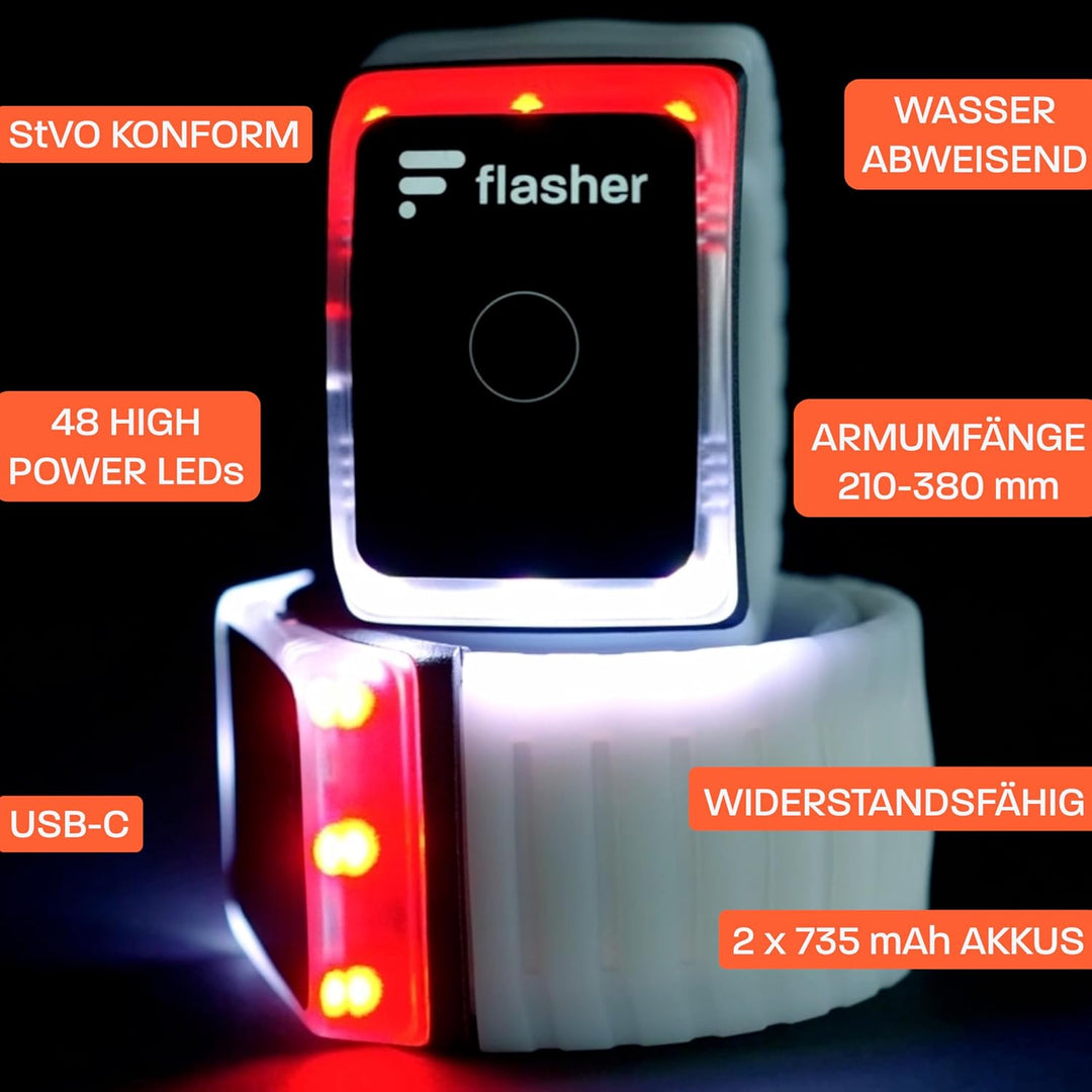 Flasher Patentierte Blinker LED Armbänder für Fahrrad, E-Scooter, Läufer | Smartes Bremslicht, Blink