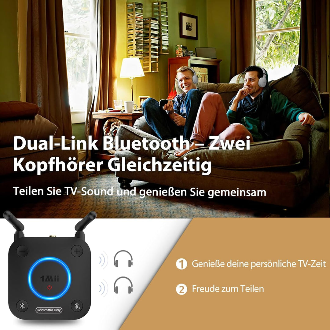 1Mii B06TX Bluetooth 5.3 Sender für TV, Bluetooth Transmitter mit aptX HD & Low Latency, 2 Kopfhörer