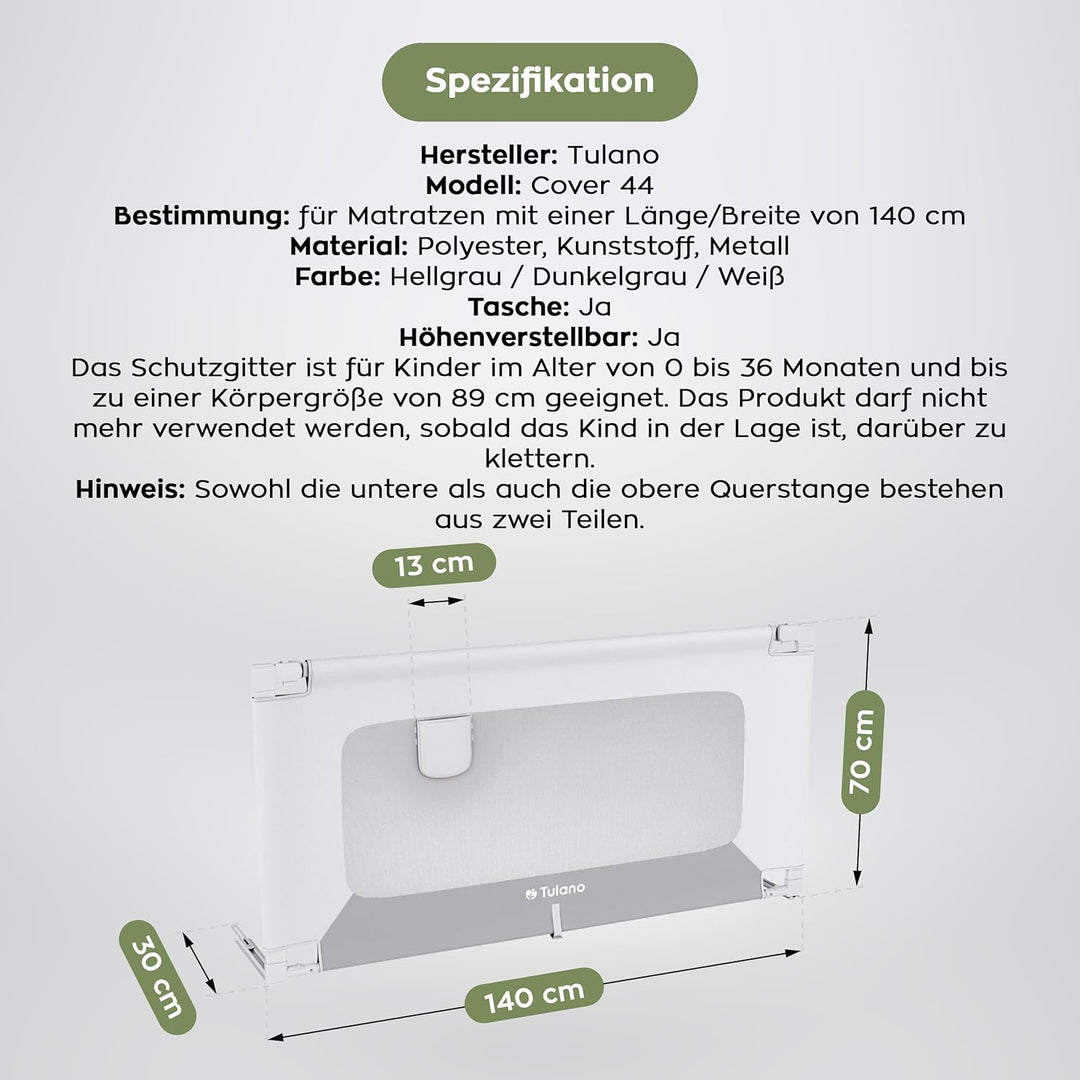 TULANO Cover 44, Bettgitter Kinderbett, Sicherheitsgitter Absenkfunktion, 18-Fach höhenverstellbar,