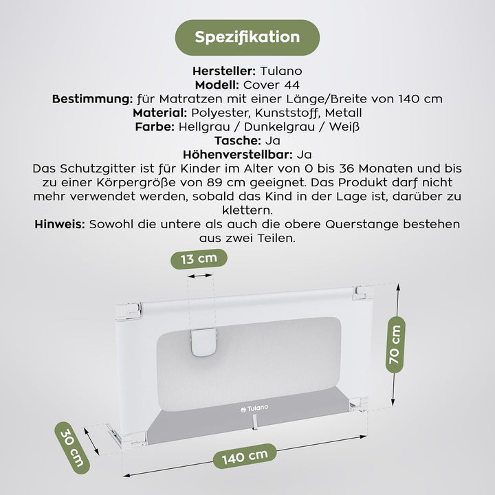 TULANO Cover 44, Bettgitter Kinderbett, Sicherheitsgitter Absenkfunktion, 18-Fach höhenverstellbar,