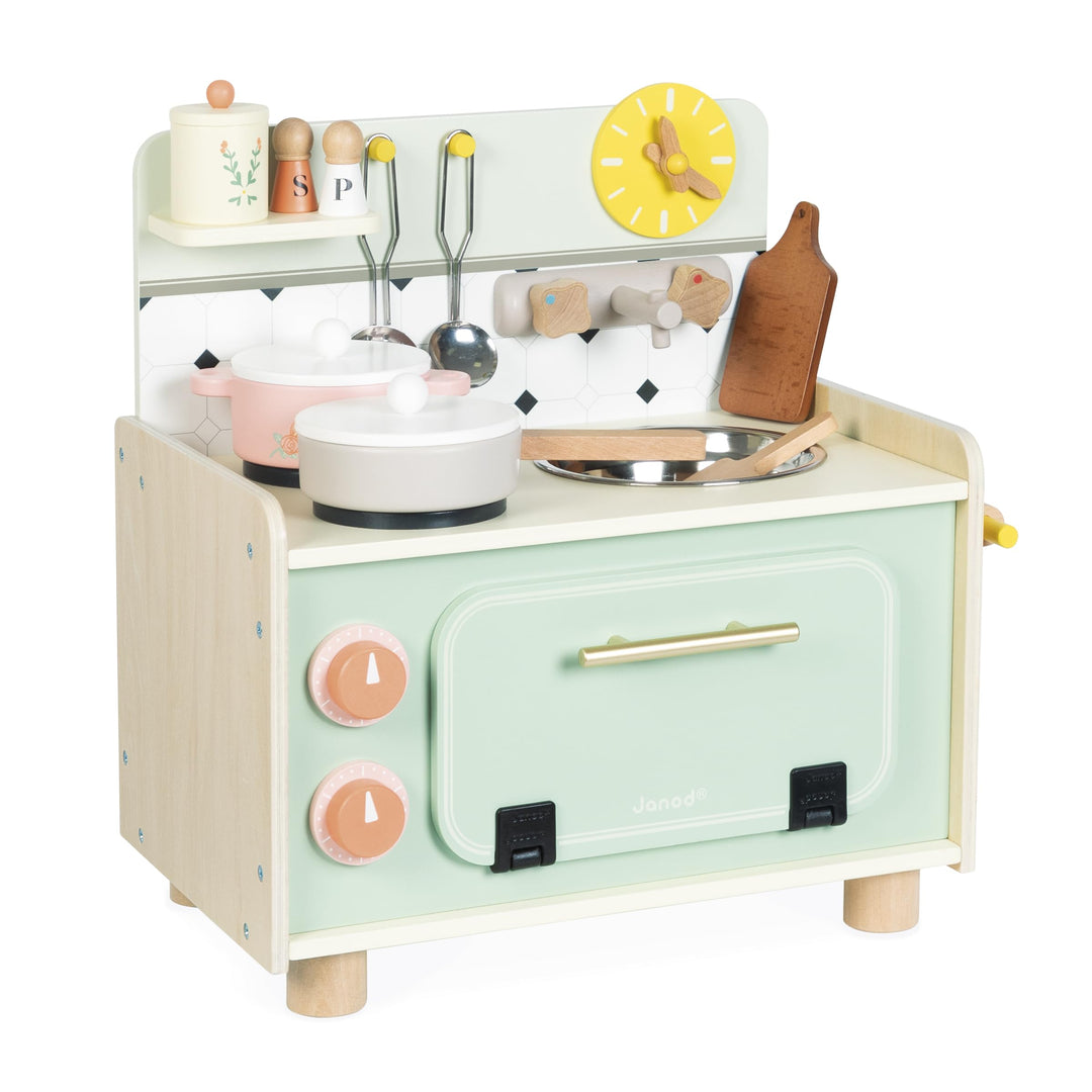 Janod - Holzküchenzeile für Kinder - Kleine Kinderküche - Ausgestattet mit Backofen, Spüle und 10 Zu
