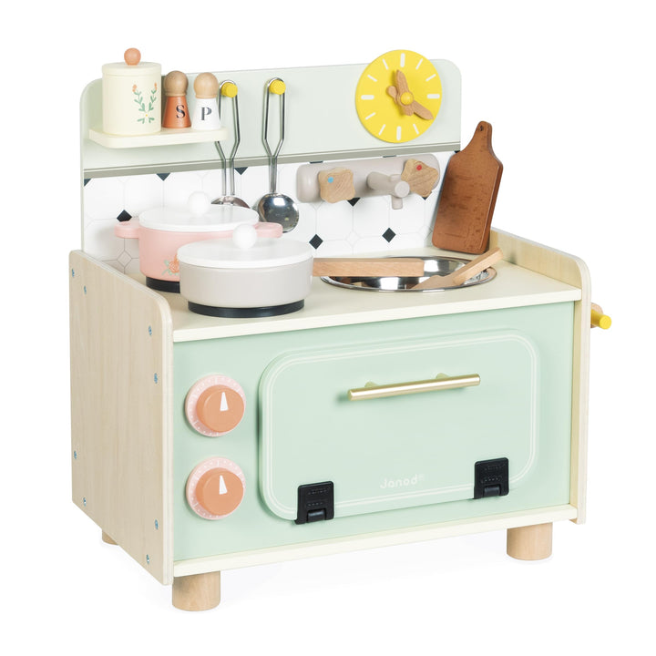Janod - Holzküchenzeile für Kinder - Kleine Kinderküche - Ausgestattet mit Backofen, Spüle und 10 Zu