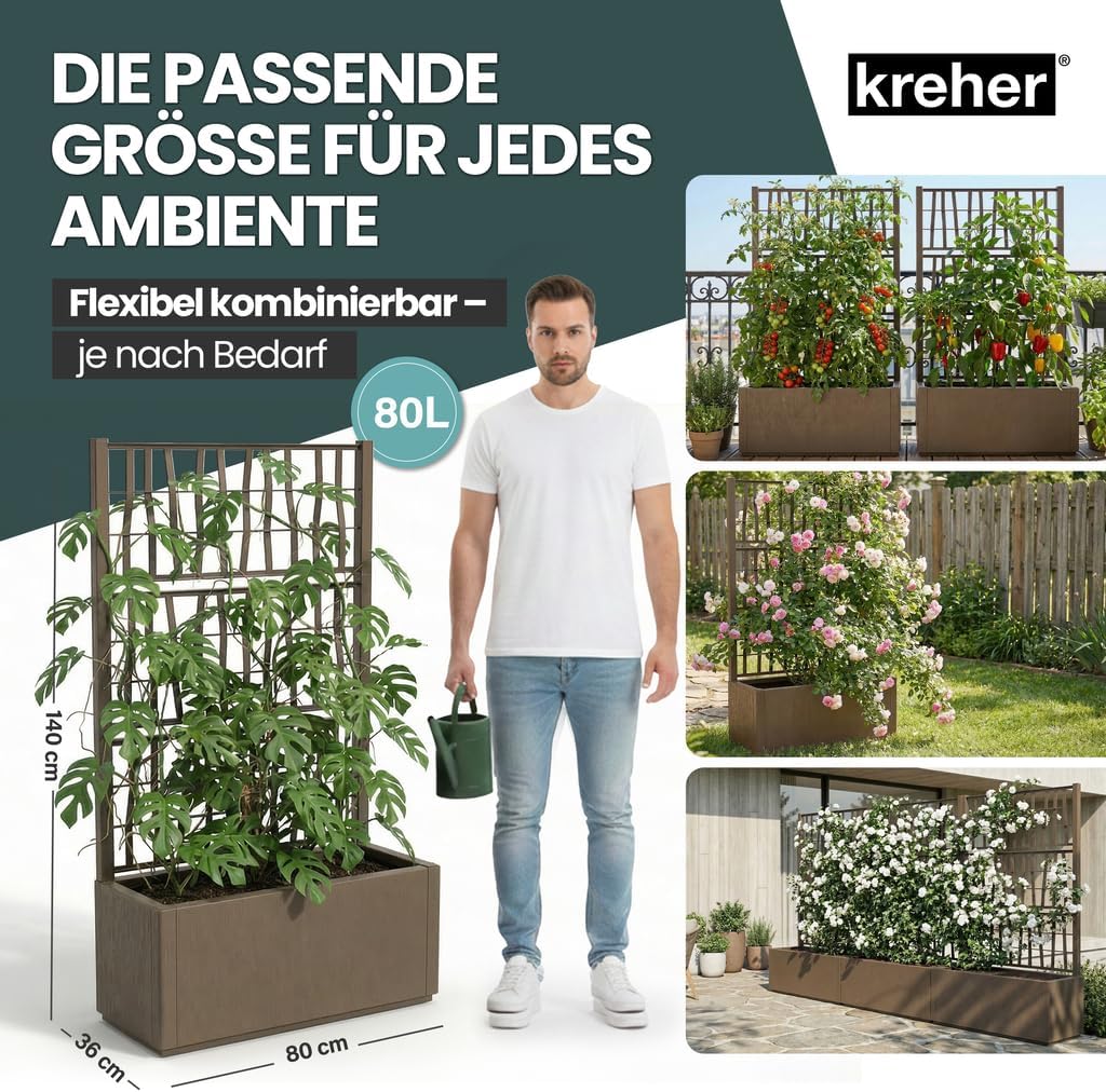 2 x Kreher® XL Rankgitter, Spalier mit Pflanzkasten aus robustem Kunststoff. Masse BxTxH in cm: 80 x