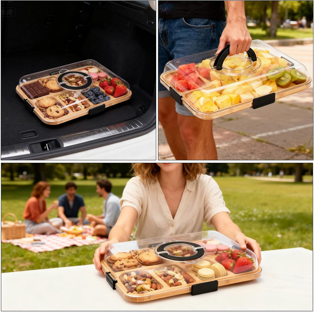 Charcuterie Board mit Deckel – Tragbares Snackbrett mit 6 Fächern & Transparentem Deckel – Reversibl