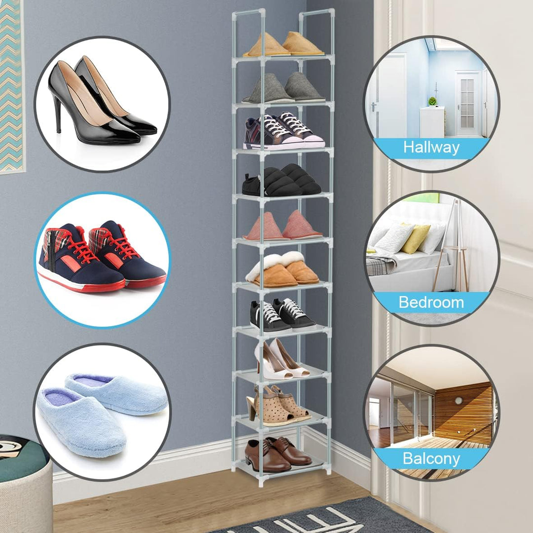 Voency Schuhregal mit 10 Ebenen, schmal hoch Schuhschrank, freistehender, stapelbarer Schuhregal-Org