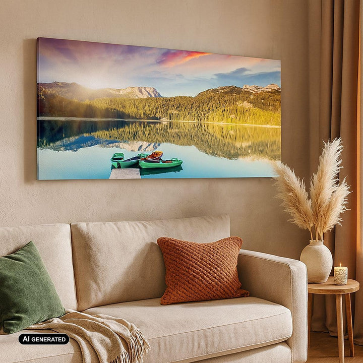 Wandbilder Dekoration Wohnzimmer See Berge Wasser Panorama Bilder auf Leinwand 120x50cm Leinwandbild