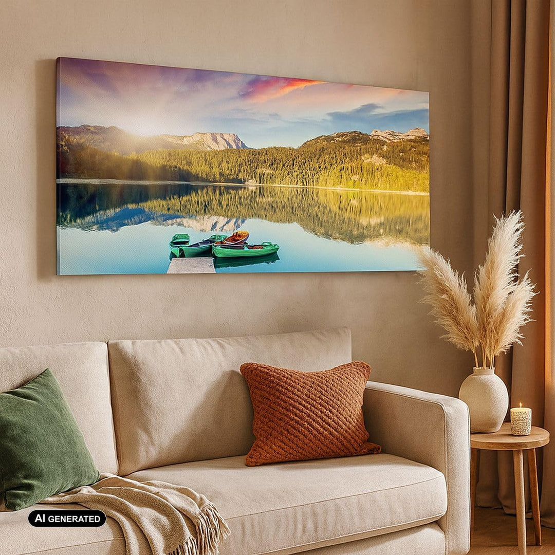 Panorama Bilder auf Leinwand See Berge Wasser Leinwandbild mit Rahmen 90x30cm Wandbilder Dekoration