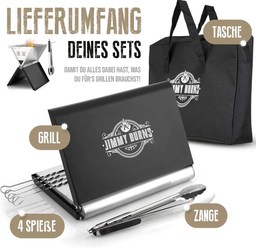 JIMMY BURNS Campinggrill Holzkohle Edelstahl | [Notebook Design] | für 2-4 Personen | Barbecue Klapp