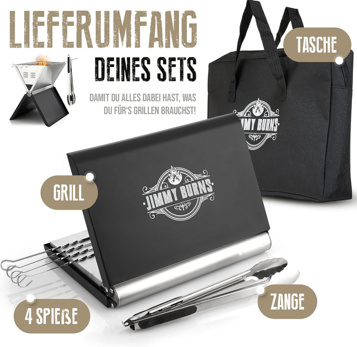 JIMMY BURNS Campinggrill Holzkohle Edelstahl | [Notebook Design] | für 2-4 Personen | Barbecue Klapp