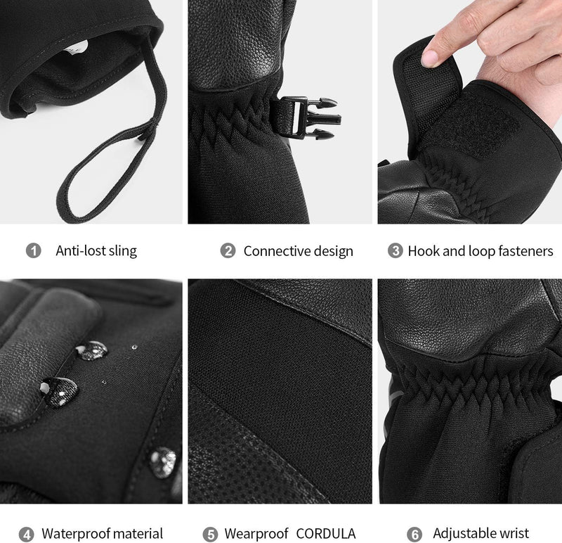 KUTOOK Skihandschuhe Ziegenleder 3M Thinsulate Fäustlinge 5 MM Eva HIPORA Wasserdicht Winddicht Stra