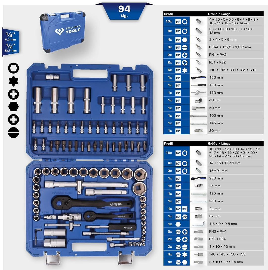 BRILLIANT TOOLS BT023094 Steckschlüssel-Satz, 94-tlg, 1/4", 1/2" [Powered by KS TOOLS] 94-tlg. 1/4"6