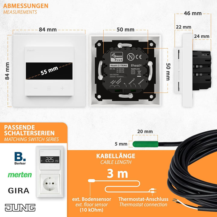 Heatit Z-TRM6 Z-Wave Plus Thermostat Raumregler mit EXT. Sensor für Fussbodenheizung elektrisch und