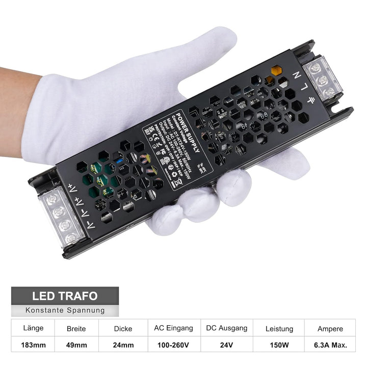 REYLAX LED Trafo 24V 150W, Flach Trafo 230V auf 24V 6.25A, LED Netzteil 24V DC Niedervolttrafo, Kons