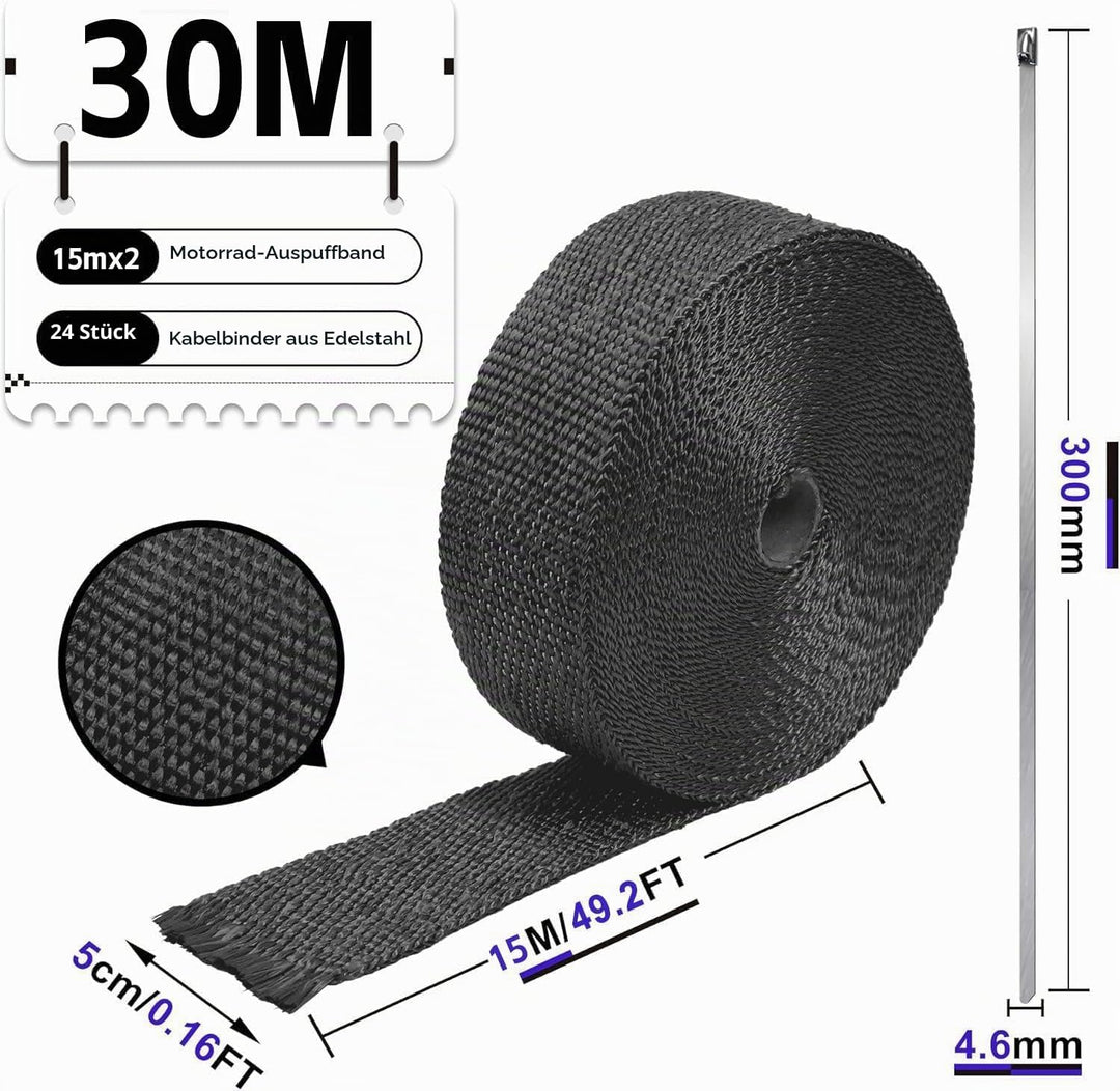 Foneso Hitzeschutzband Schwarz, 30M Hitzeschutzband Auspuff mit 24 Schwarz Edelstahl Kabelbinder, fü