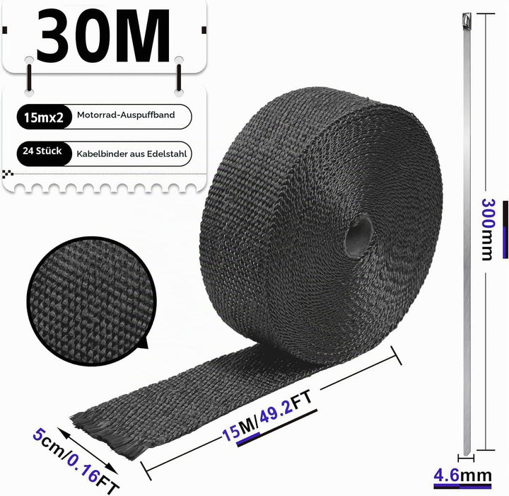 Foneso Hitzeschutzband Schwarz, 30M Hitzeschutzband Auspuff mit 24 Schwarz Edelstahl Kabelbinder, fü