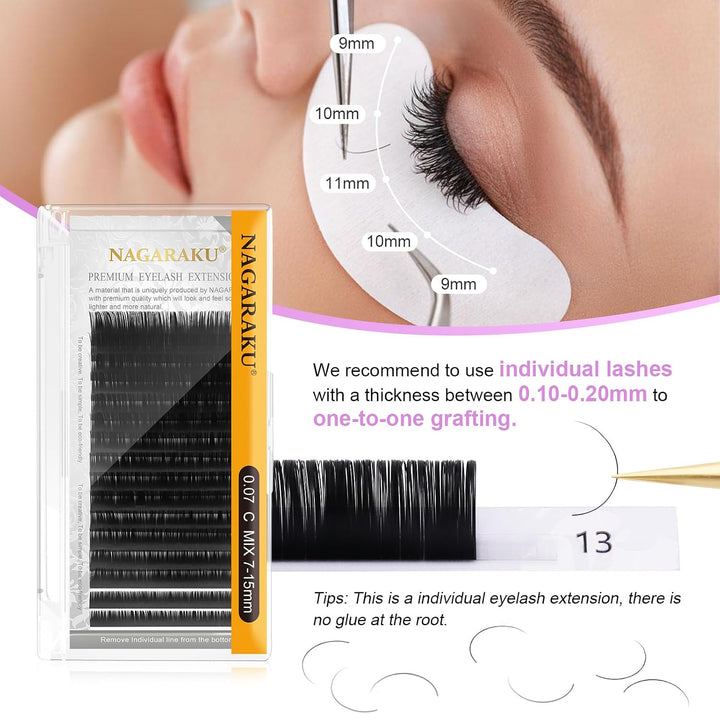 NAGARAKU 5er-Pack Classic Wimpern 2. Gen 0,05 C 7-15mm Für 1:1 &amp; Volumen 5 Trays 7-15mm 0.05 C 2. Ge