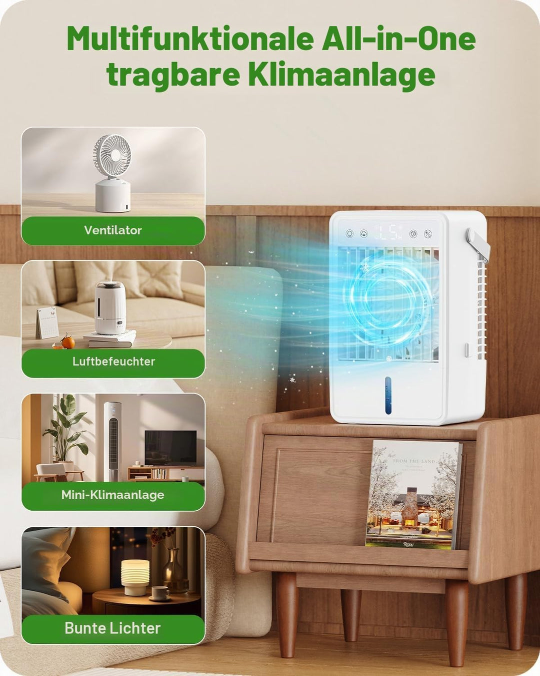 Mobile Klimaanlage mit 1500ML Wassertank, Mobiles Klimagerät mit 5 Gebläsestufen und 3 Betriebsarten