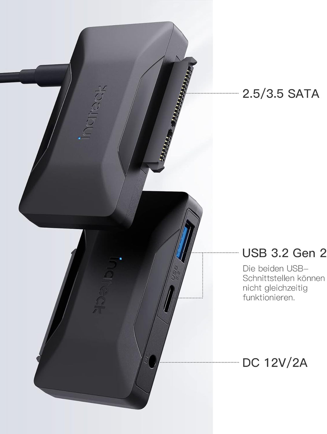 Inateck SATA USB Adapter, USB 3.2 Gen 2 Festplattenadapter für 2.5/3.5 Zoll SSD/HDD, 12V/2A Netzteil