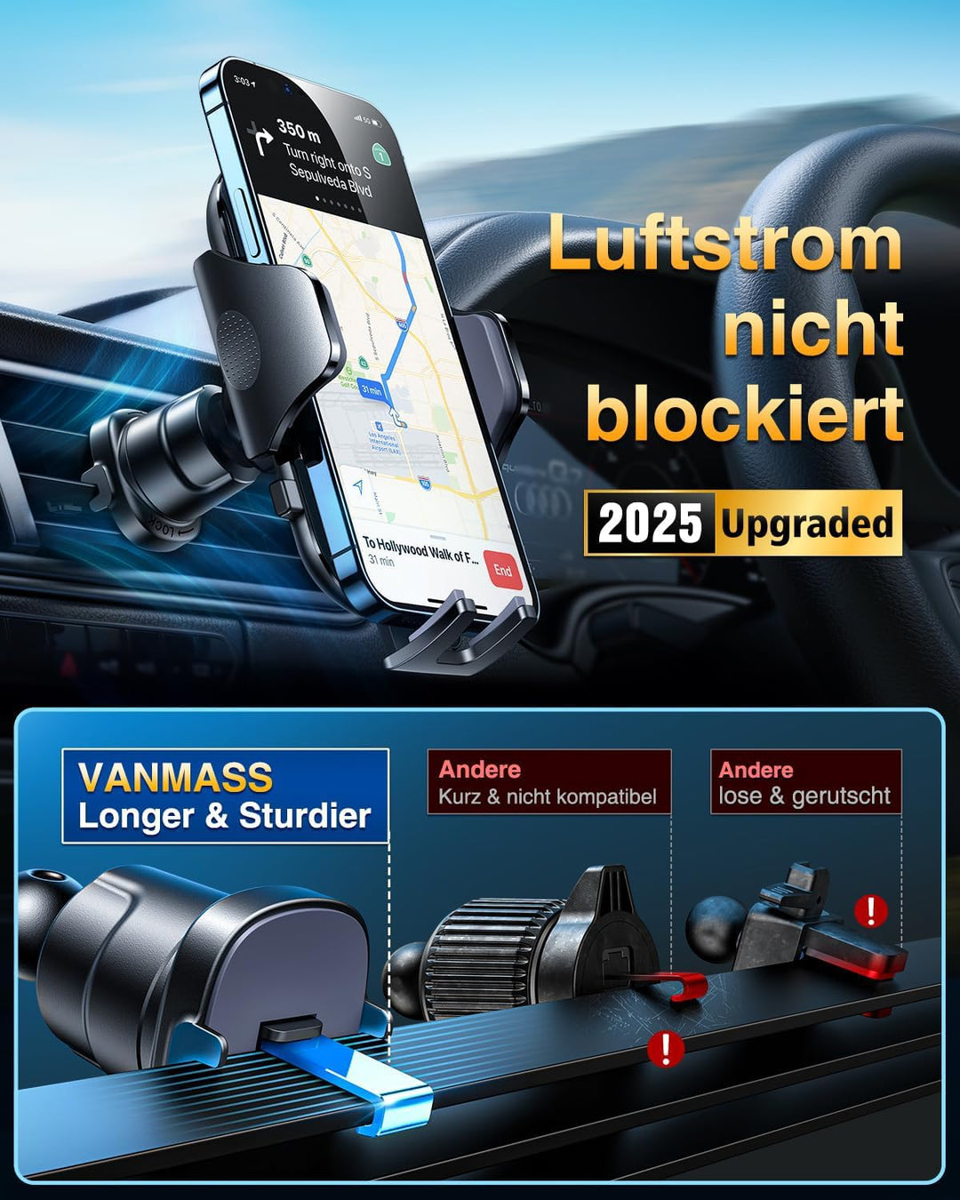 VANMASS Handyhalterung Auto 2024 Upgrade Saugnapf & Lüftungshaken Kfz Handy Halterung Auto Militärst