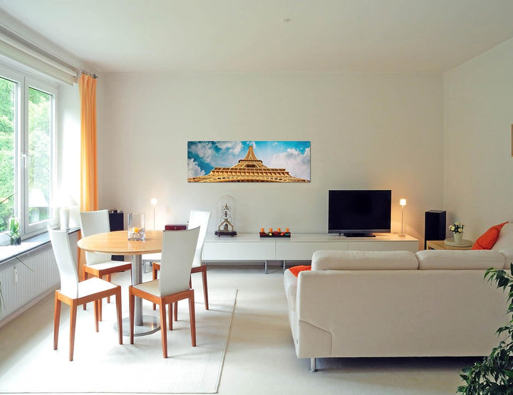 Panoramabild auf Leinwand und Keilrahmen 150x50cm Paris Eiffelturm Himmel Wolkenschleier