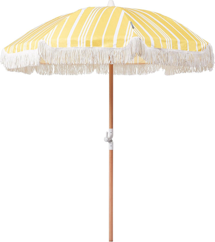 Sonnenschirm mit Volant Regenschutz Holzmast gelb rund ⌀ 150 cm Boho Mondello
