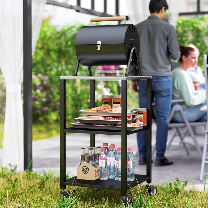 Outsunny Grillwagen 3-Etagen Grilltisch mit Edelstahl Arbeitsfläche Rollen mobiler Servierwagen Outd