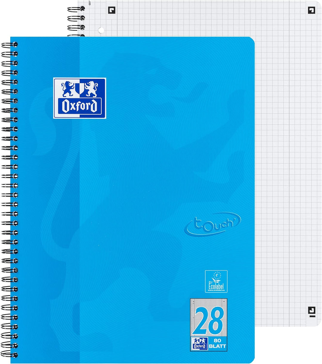 Oxford Touch Collegeblock A4 kariert mit Doppelrand, 80 Blatt, blau, 10 Stück Single, Single