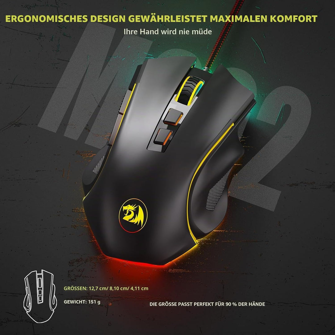 Redragon M602 Gaming Maus mit Kabel, Wired Computer Mouse Gaming mit Treiber, 7 Programmierbare Tast