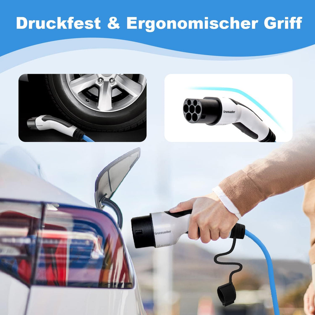 Gruensauber Typ 2 Ladekabel für EV/Elektroautos/PHEV, 7.2kW, 32A, 5 Meter, Einphasig Mode 3 Typ 2 au