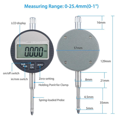 AUTOUTLET Digitale Messuhr 0.001mm/0.00005''Digital Messtaster 0-25.4mm/1'' Messbereich Digital Indi