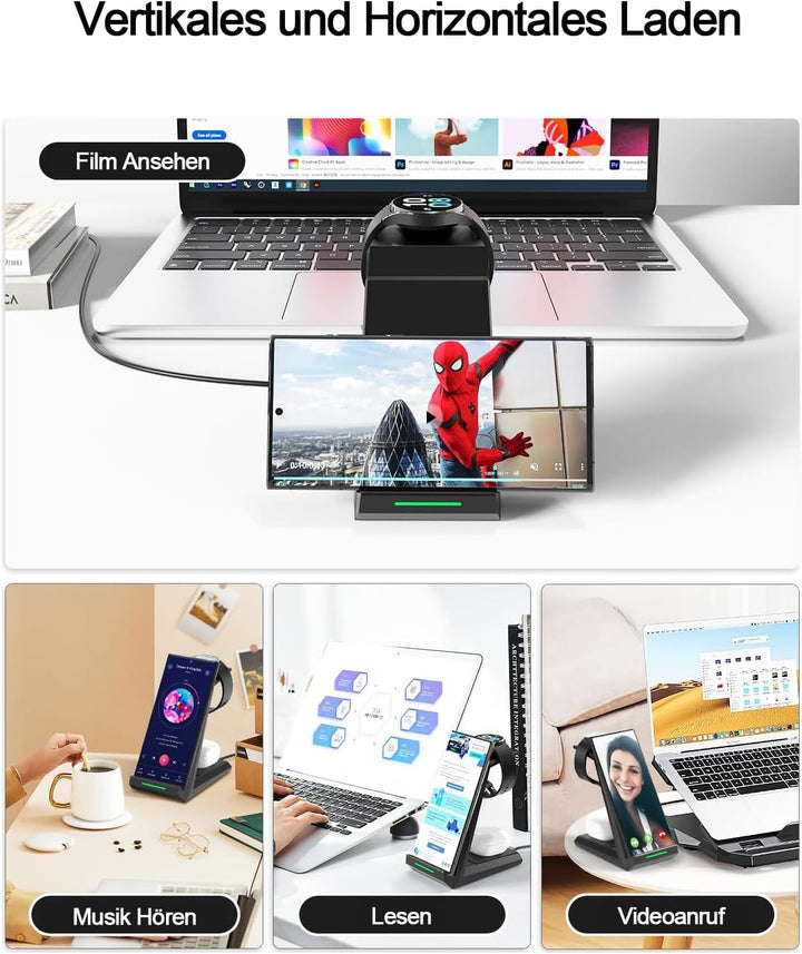 Induktive Ladestation für Samsung，ADADPU Kabelloses Ladegerät 3 in 1 Kompatibel für Galaxy Watch 8/7