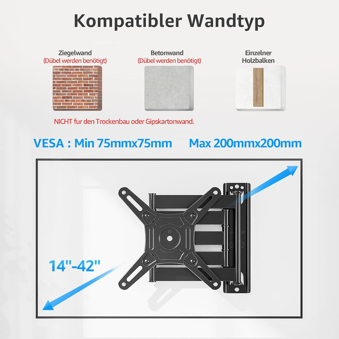 MOUNTUP 550mm Langarm TV Wandhalterung für 14-42 Zoll LED, LCD, OLED Fernseher oder Monitor, Schwenk