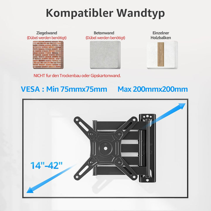 MOUNTUP 550mm Langarm TV Wandhalterung für 14-42 Zoll LED, LCD, OLED Fernseher oder Monitor, Schwenk