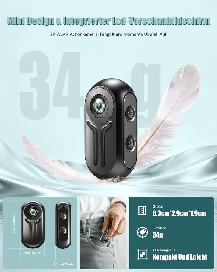 Action Cam 2K Full HD, Vlog-Kamera mit WLAN, 120° Weitwinkel Helmkamera für Motorrad, Mini Bodycam K