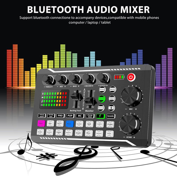 Live-Soundkarte und Audio-Interface mit DJ-Mixer-Effekten und Sprach-Wechsler, F998 Bluetooth Stereo