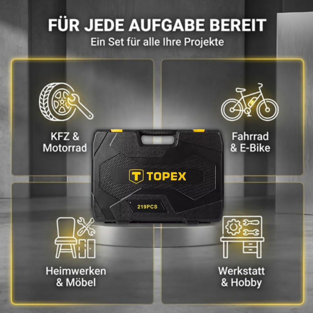 TOPEX Werkzeugkoffer 219-tlg: 1/2", 3/8", 1/4" Nüsse, Ratschen, Bits, Knarrenkasten, Für Kfz, Werkst