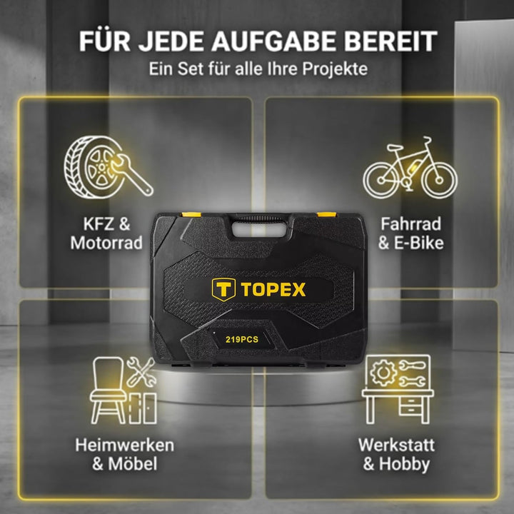 TOPEX Werkzeugkoffer 219-tlg: 1/2", 3/8", 1/4" Nüsse, Ratschen, Bits, Knarrenkasten, Für Kfz, Werkst