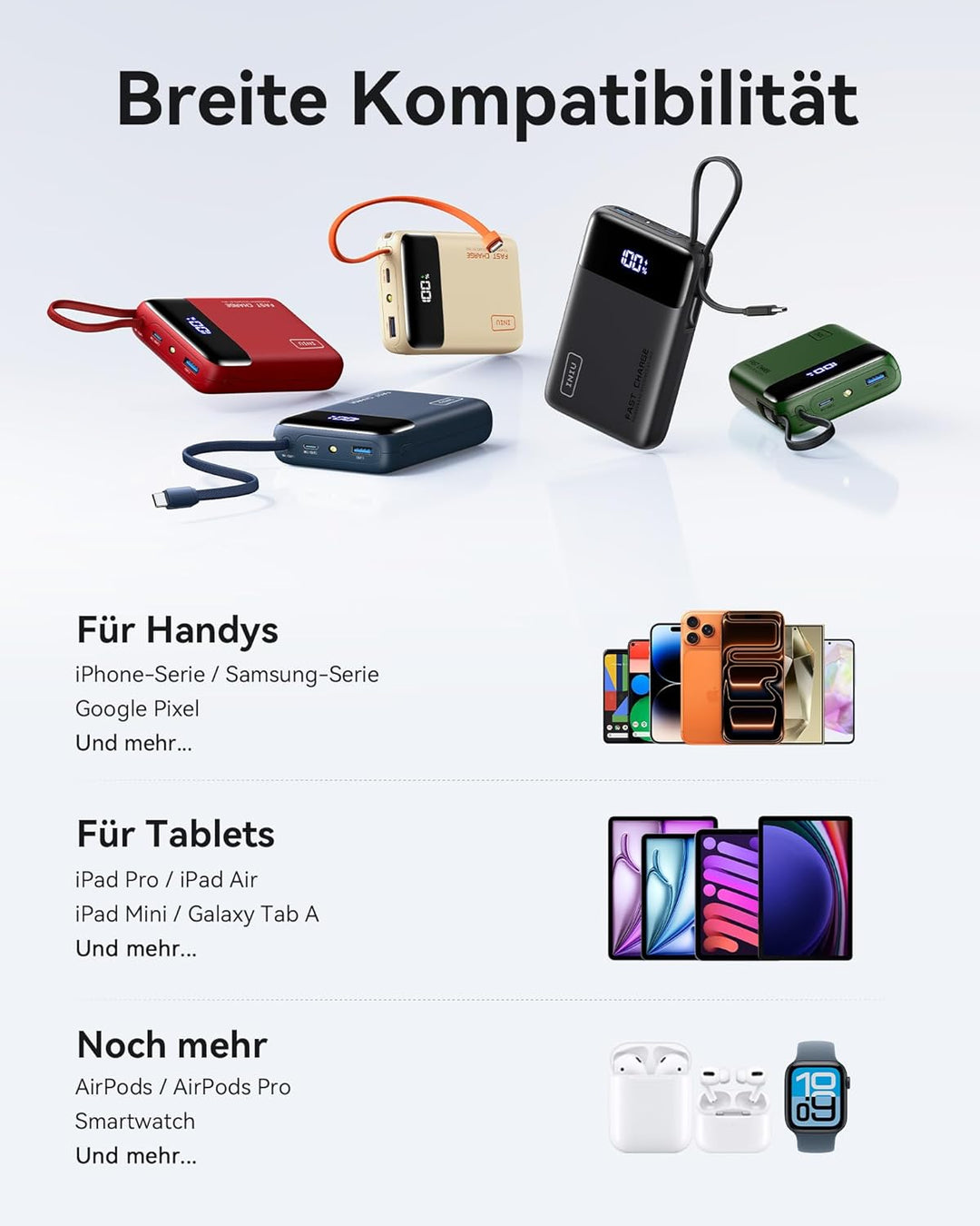 INIU 45W Power Bank, Ultra Klein 20000mAh Powerbank mit Integriertem USB C Kabel, Schnellladen Exter